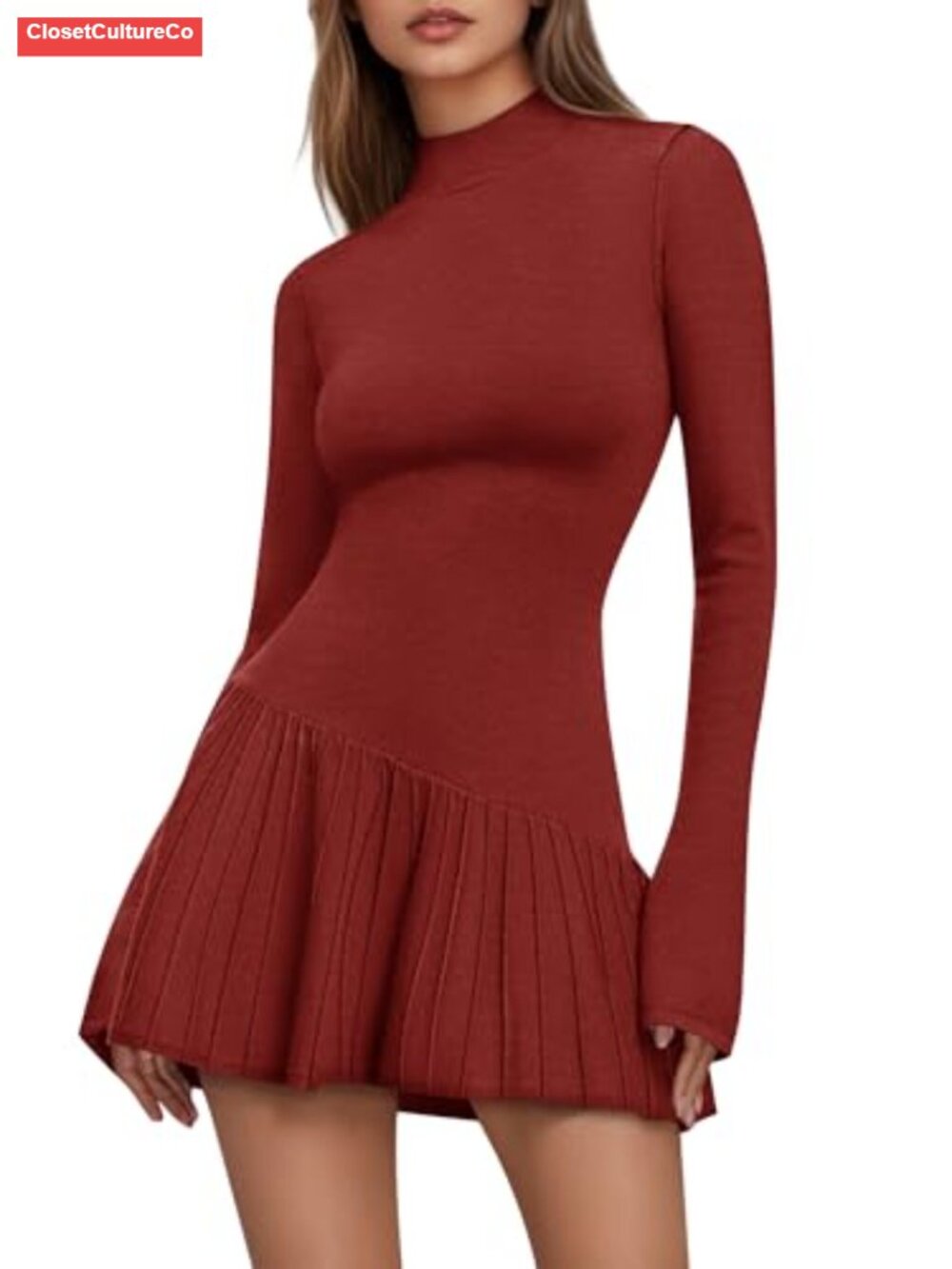 Mock Neck Bell Sleeve Pleated Mini Sweater Dress